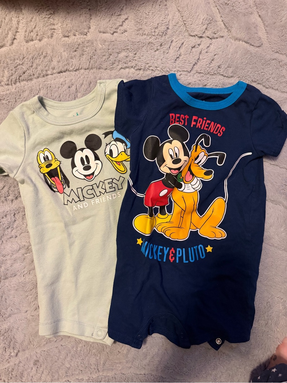 Disney Two-Pack Mickey & Friends Navy and Light Blue Short Sleeve Rompers
